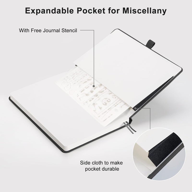 EMSHOI A5 Notebook, Hardcover Dotted Journal, 160 Pages, 120GSM, Black | 120GSM Thick Paper, PU Leather Dot Notebook with Stencils & Inner Pocket for Bullet Journaling, 14.5 x 21cm - Image 5