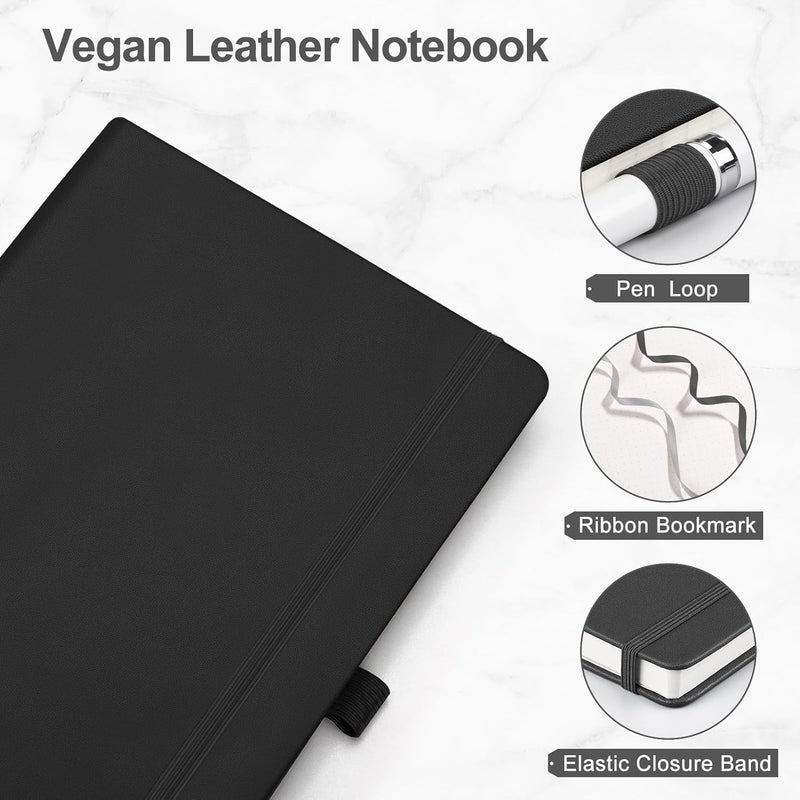 EMSHOI A5 Notebook, Hardcover Dotted Journal, 160 Pages, 120GSM, Black | 120GSM Thick Paper, PU Leather Dot Notebook with Stencils & Inner Pocket for Bullet Journaling, 14.5 x 21cm - Image 3