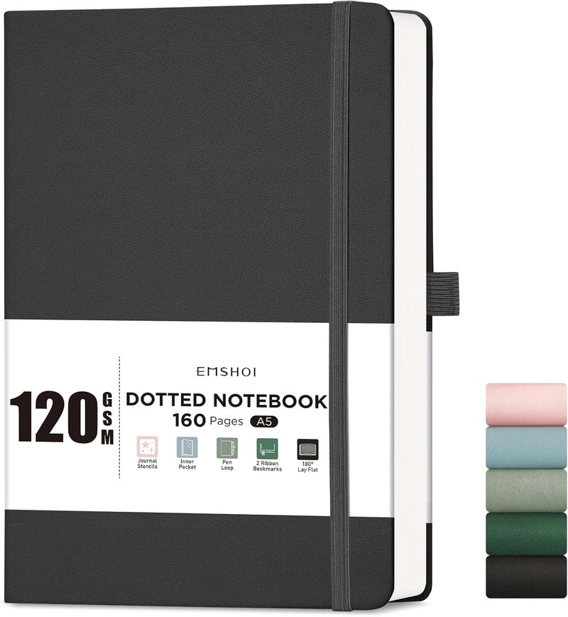 EMSHOI A5 Notebook, Hardcover Dotted Journal, 160 Pages, 120GSM, Black | 120GSM Thick Paper, PU Leather Dot Notebook with Stencils & Inner Pocket for Bullet Journaling, 14.5 x 21cm - Image 1