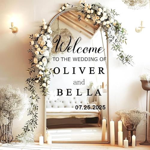 Haiddle Welcome to Our Wedding Signs Decals Customized Bride and Groom Names Mirror Decals Selfie Mirror Stickers for Wedding Party Date Personalized Marriage Decor DIY Lettering Wedding Welcome Vinyl Decals - Image 2