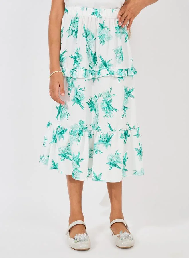 Styli Solid Ruffle Top & Printed Layered Skirt Set