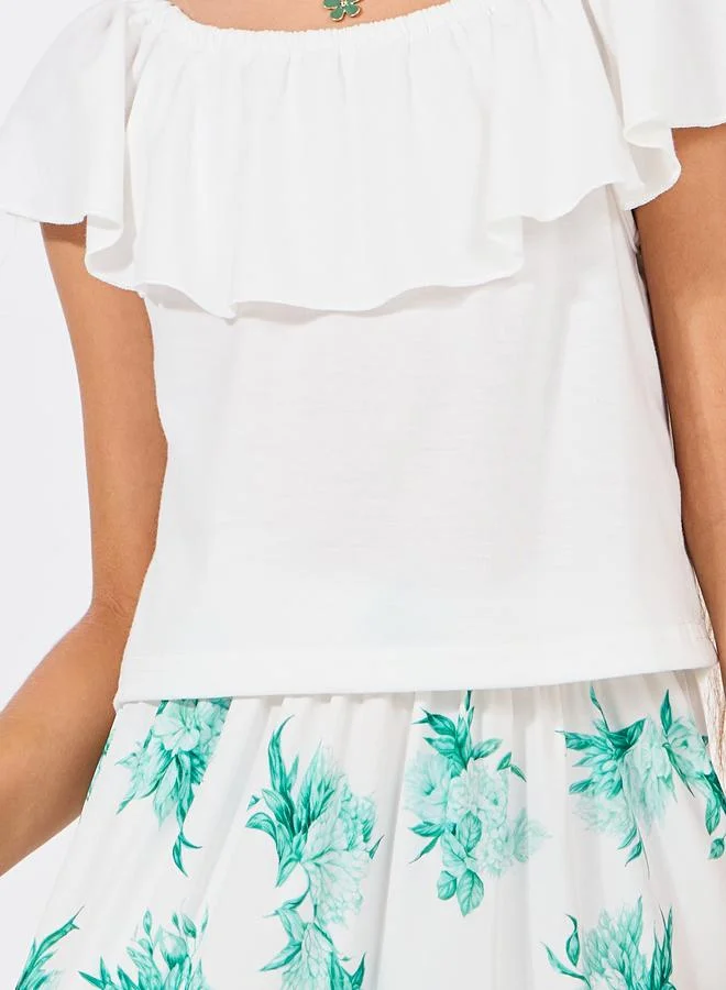 Styli Solid Ruffle Top & Printed Layered Skirt Set