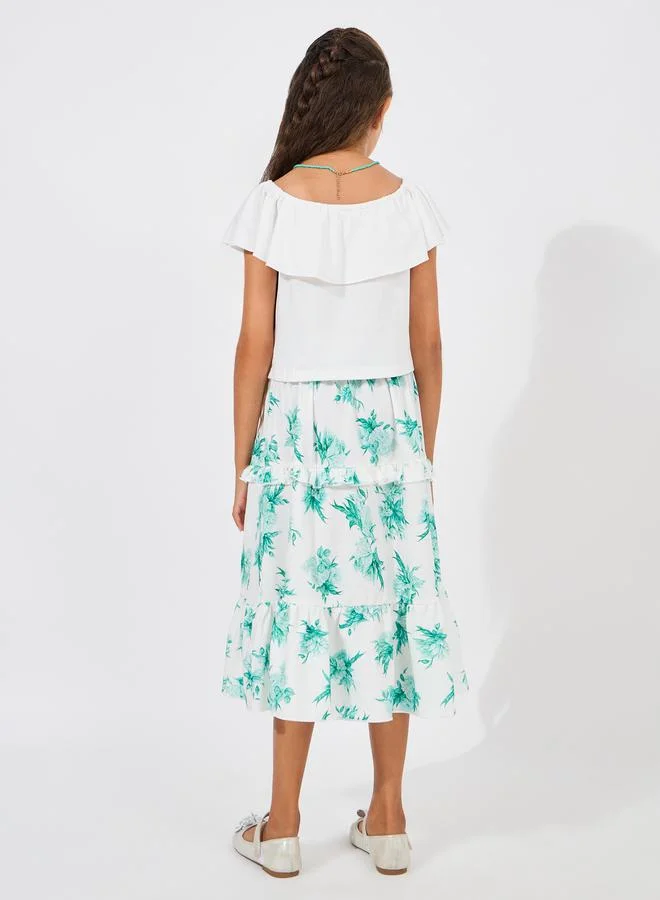 Styli Solid Ruffle Top & Printed Layered Skirt Set