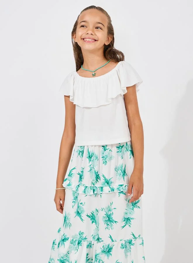 Styli Solid Ruffle Top & Printed Layered Skirt Set