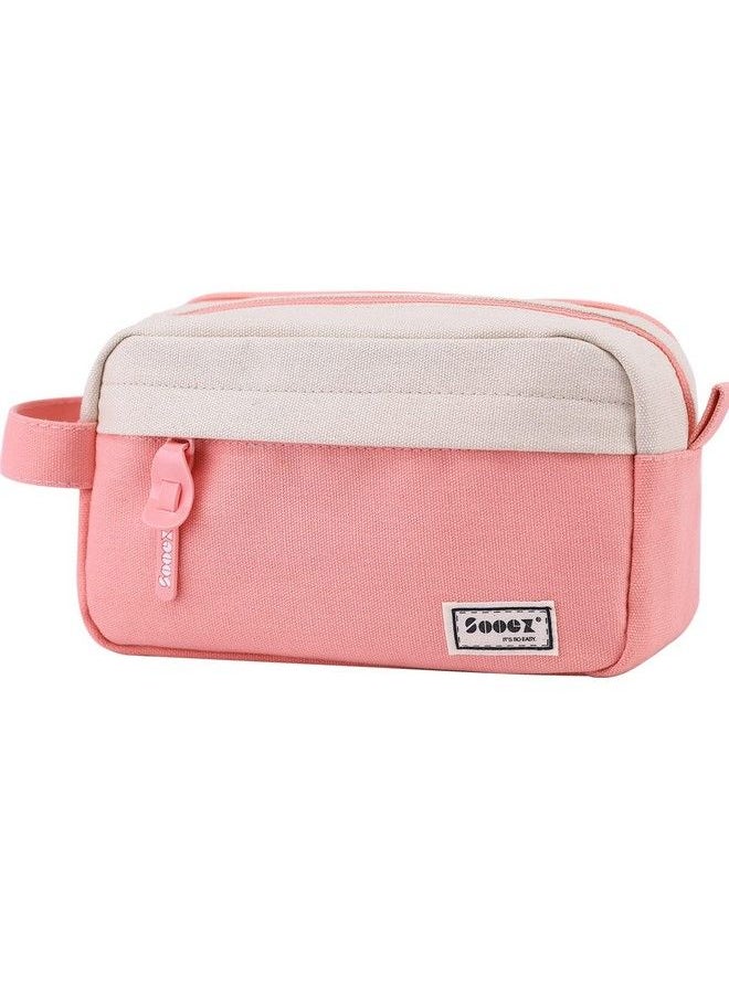 Sooez - Big Capacity Pencil Pen Case [Material Upgraded] Canvas Pencil Pouch Large Pencil Bag Organizer Separate Compartments Easy Grip Handle Aesthetic Supply For School Teens Adults Pink - Image 1