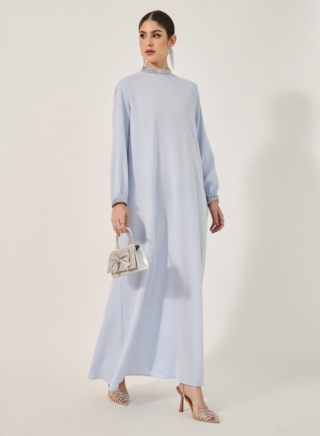 Styli A Line Jalabiya stand collar and fitted sleeve cuff in shiny stone heat set lace trim  - Image 1