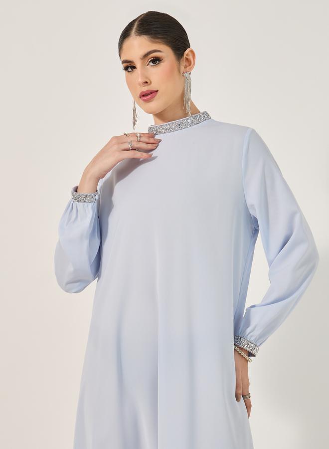 Styli A Line Jalabiya stand collar and fitted sleeve cuff in shiny stone heat set lace trim  - Image 3