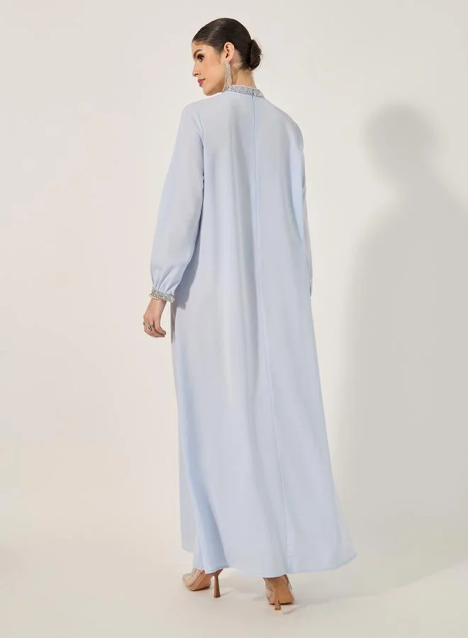 Styli A Line Jalabiya stand collar and fitted sleeve cuff in shiny stone heat set lace trim