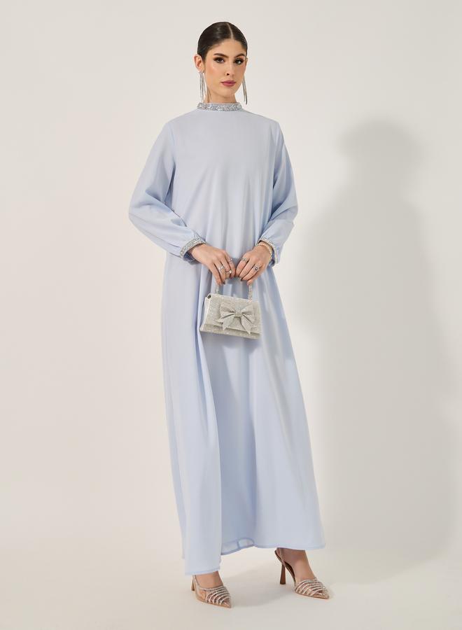 Styli A Line Jalabiya stand collar and fitted sleeve cuff in shiny stone heat set lace trim  - Image 2