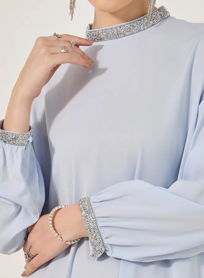 Styli A Line Jalabiya stand collar and fitted sleeve cuff in shiny stone heat set lace trim