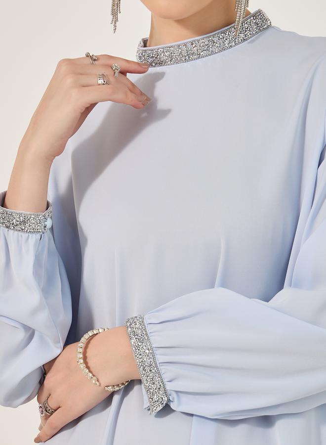 Styli A Line Jalabiya stand collar and fitted sleeve cuff in shiny stone heat set lace trim  - Image 4