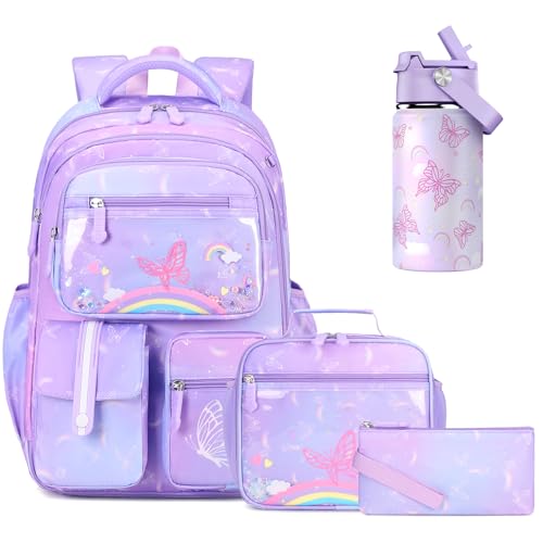 ACESAK Kids School Backpack for Girls Rainbow Bookbag Backpack with 14OZ Kids Water Bottle Lunch Bag Set for Girls Kid Teens Middle School Student Girl Backpacks for Schools 4pcs Water Bottle - Image 1