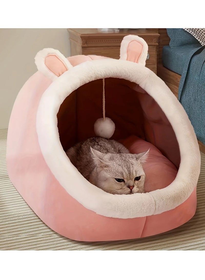 Generic Cartoon Pet Bed Indoor Semi Enclosed Cat Bed Washable Cave Small Cat House With Toy Ball Warm Soft Detachable Cat House Pet House (Pink Rabbit M)  - Image 1