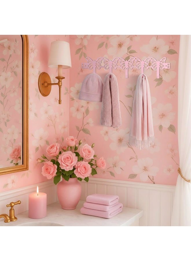AceOrbit Over The Door Hooks Hanger Wall Mount Towel Hanger Door Holder Organizer 5 Hooks Farmhouse Rustic Kawaii Decor for Bedroom Bathroom Towel Hat Clothes(Pink,Butterfly) - Image 5
