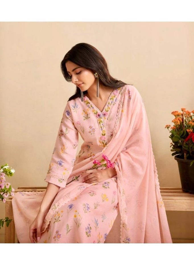 Pink Floral Hand Embroidered Kurta Set, Cotton Linen Blend Kurta & Trousers with Synthetic Dupatta - Image 1