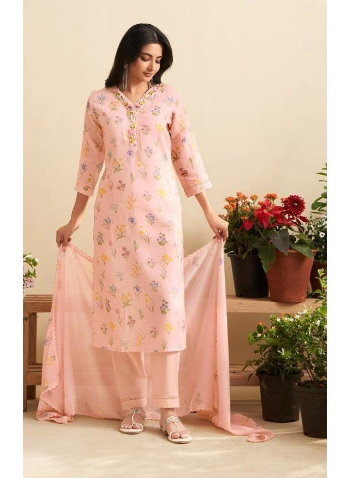 Pink Floral Hand Embroidered Kurta Set, Cotton Linen Blend Kurta & Trousers with Synthetic Dupatta - Image 3