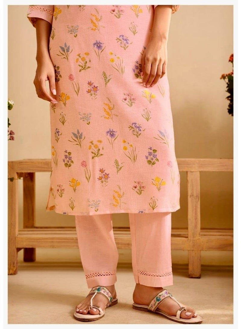 Pink Floral Hand Embroidered Kurta Set, Cotton Linen Blend Kurta & Trousers with Synthetic Dupatta - Image 5