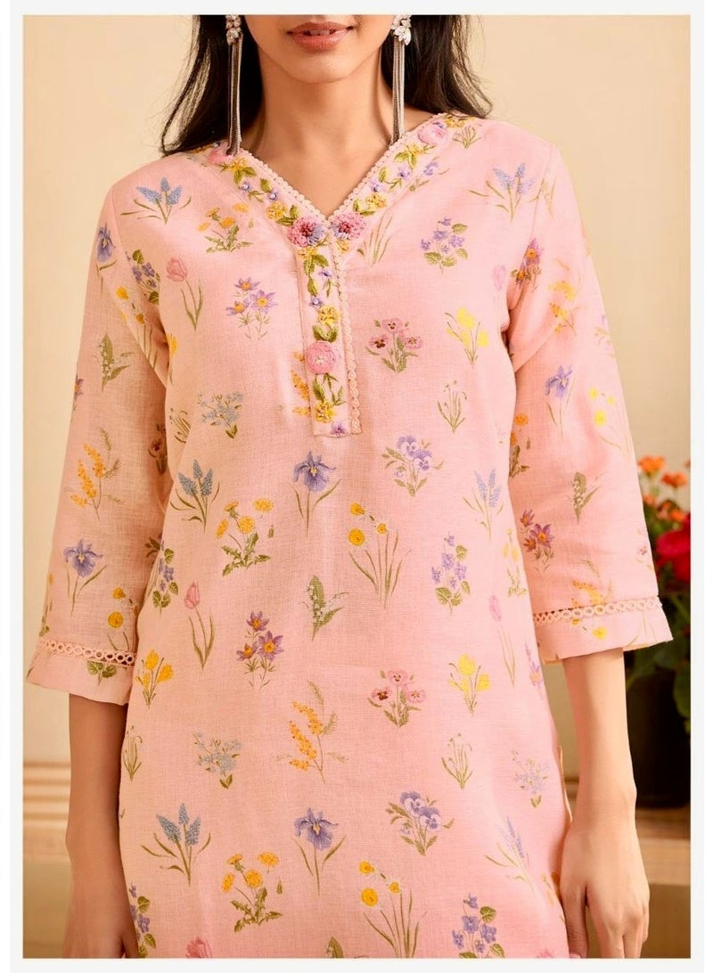 Pink Floral Hand Embroidered Kurta Set, Cotton Linen Blend Kurta & Trousers with Synthetic Dupatta - Image 4