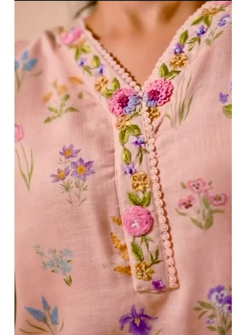 Pink Floral Hand Embroidered Kurta Set, Cotton Linen Blend Kurta & Trousers with Synthetic Dupatta - Image 2