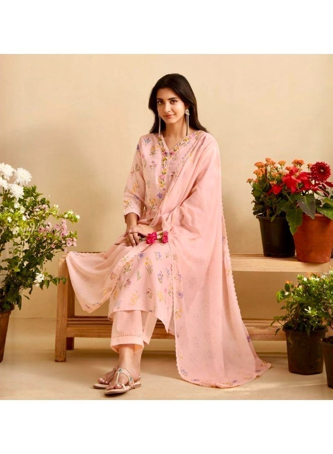 Pink Floral Hand Embroidered Kurta Set, Cotton Linen Blend Kurta & Trousers with Synthetic Dupatta - Image 3