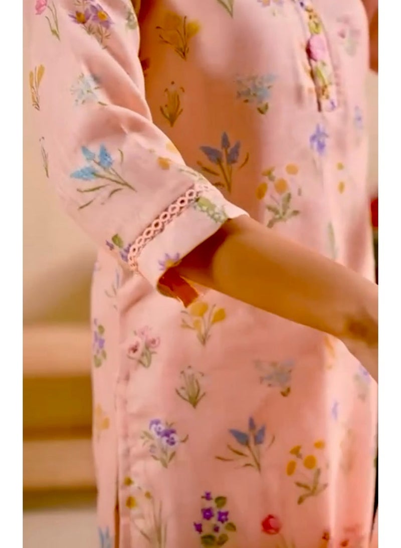 Pink Floral Hand Embroidered Kurta Set, Cotton Linen Blend Kurta & Trousers with Synthetic Dupatta - Image 5