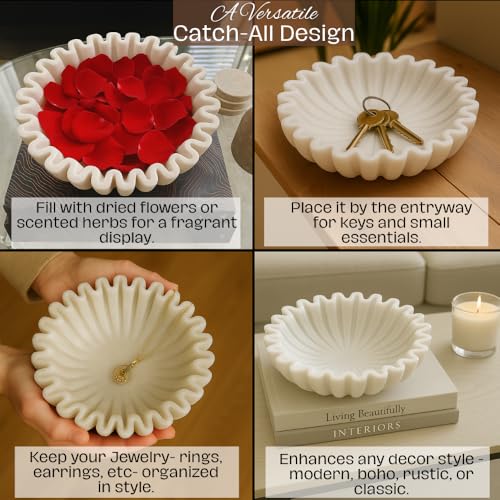 SWADESHI BLESSINGS HandCrafted Marble Ruffle Bowl/Antique Scallop Bowl/Fruit Bowl/Vintage Ring Dish/Decorative Flower Dish/HouseWarming Gift/Wedding Gifts/Urli (7 Inches) - Image 4