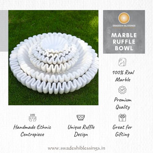SWADESHI BLESSINGS HandCrafted Marble Ruffle Bowl/Antique Scallop Bowl/Fruit Bowl/Vintage Ring Dish/Decorative Flower Dish/HouseWarming Gift/Wedding Gifts/Urli (7 Inches) - Image 2