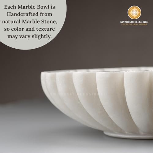 SWADESHI BLESSINGS HandCrafted Marble Ruffle Bowl/Antique Scallop Bowl/Fruit Bowl/Vintage Ring Dish/Decorative Flower Dish/HouseWarming Gift/Wedding Gifts/Urli (7 Inches) - Image 5