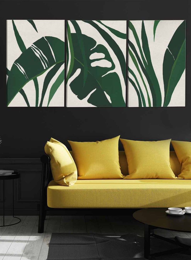 لوحة طقم من ٣ لوحات كانفاس على إطار خشبي تصميم أوراق نباتية للمنزل غرفة المعيشة المكتب الديكور - Image 3