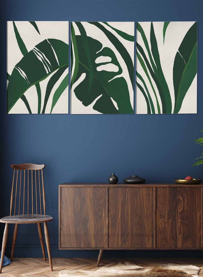 لوحة طقم من ٣ لوحات كانفاس على إطار خشبي تصميم أوراق نباتية للمنزل غرفة المعيشة المكتب الديكور - Image 2