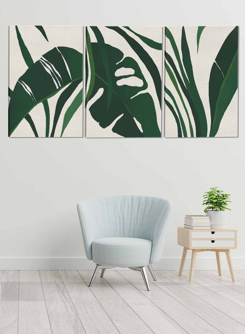 لوحة طقم من ٣ لوحات كانفاس على إطار خشبي تصميم أوراق نباتية للمنزل غرفة المعيشة المكتب الديكور - Image 1