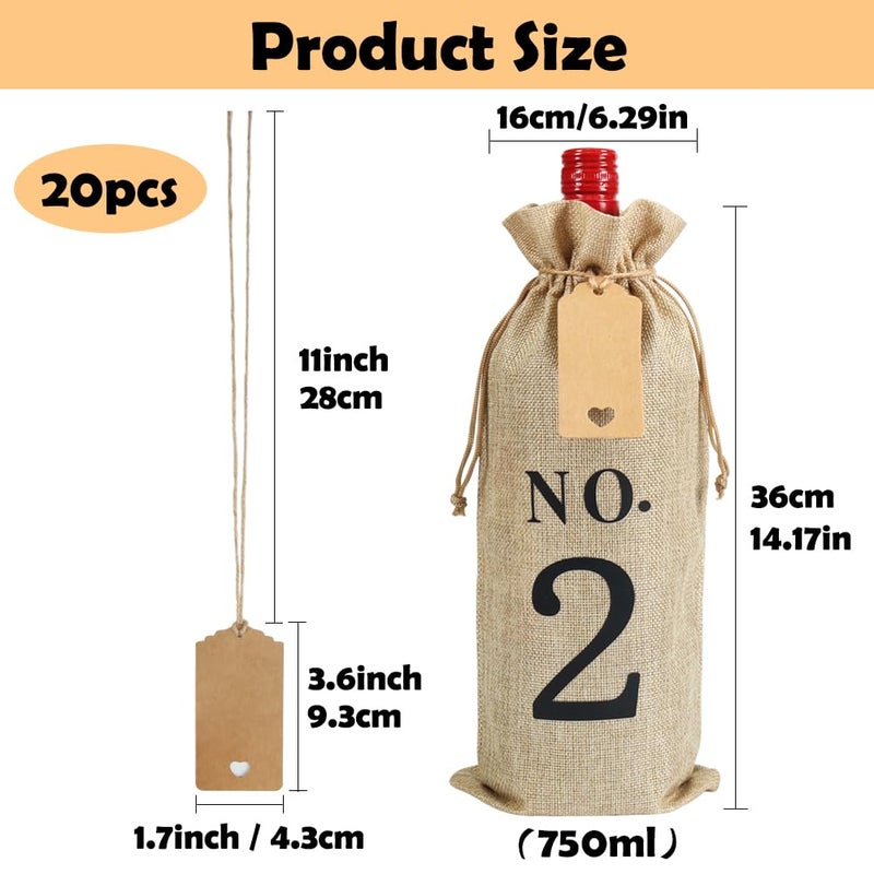 Shintop 20pcs Jute Wine Bags with Gift Tags and 100 Feet Jute Twine, 14 x 6 1/4 inches Hessian Numbered Bottle Gift Bags with Drawstring for Blind Wine Tasting (No.1-No.20, Brown) - Image 2