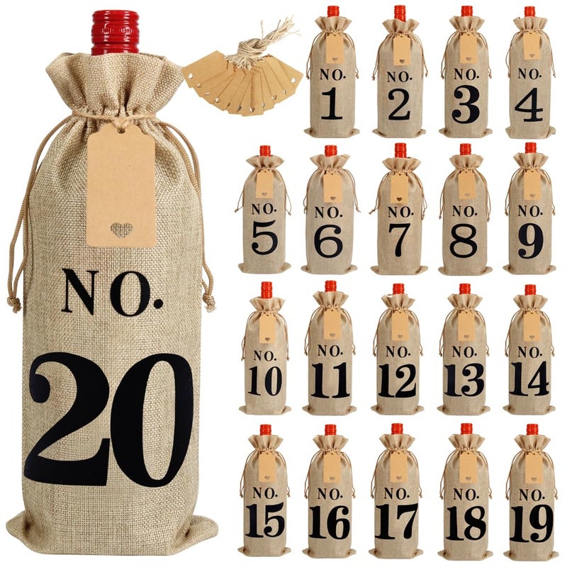 Shintop 20pcs Jute Wine Bags with Gift Tags and 100 Feet Jute Twine, 14 x 6 1/4 inches Hessian Numbered Bottle Gift Bags with Drawstring for Blind Wine Tasting (No.1-No.20, Brown) - Image 1