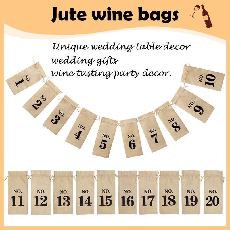 Shintop 20pcs Jute Wine Bags with Gift Tags and 100 Feet Jute Twine, 14 x 6 1/4 inches Hessian Numbered Bottle Gift Bags with Drawstring for Blind Wine Tasting (No.1-No.20, Brown) - Image 4
