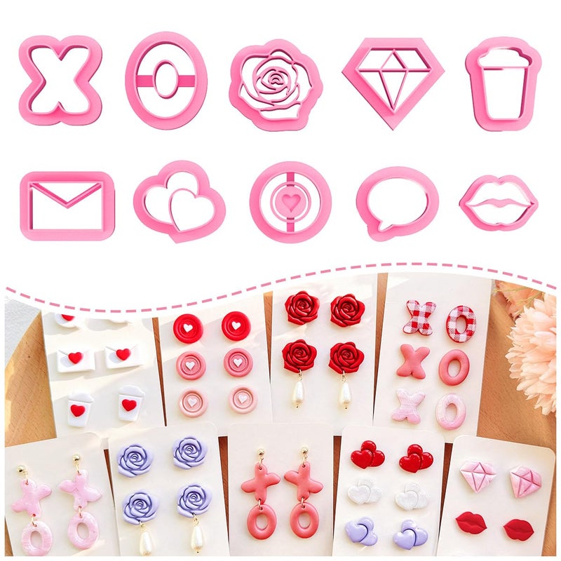 KEOKER Valentines Day Polymer Clay Cutters, Valentines Polymer Clay Cutters for Earrings Making, 10 Shapes Valentines Earring Clay Cutters, Heart Clay Cutters for Polymer Clay Jewelry (Studs) - Image 1