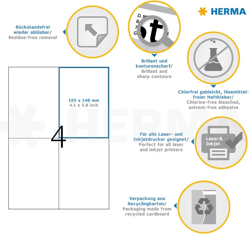 HERMA Self Adhesive Removable Labels, 4 Labels per A4 Sheet, 25 Sheets, 105 x 148 mm, 100 Labels, Blank Multipurpose Labels Stickers, Sticky Labels for Laser & Inkjet Printer, White All budget friendly options - Image 3
