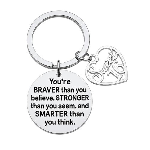 Infinity Collection Sweet 16 Keychain with Heart Charm – Braver Than You Believe Quote Stainless Steel Key Ring Gift for 16th Birthday, Teen Girls, Daughter, Granddaughter or Niece - Image 1