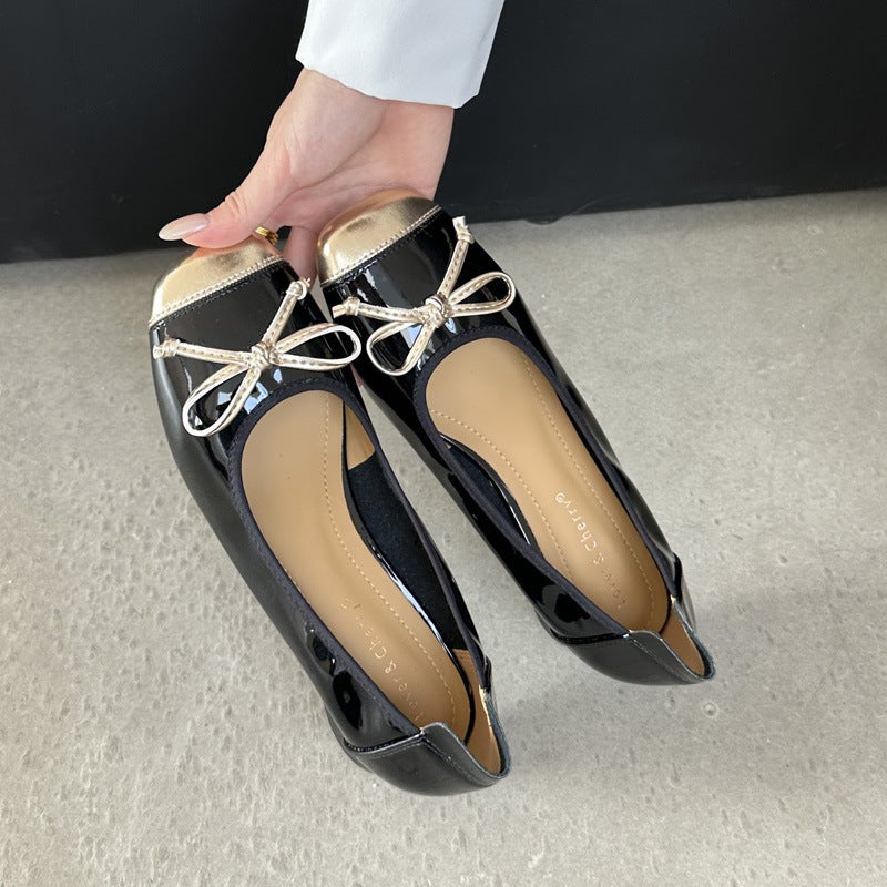 Fashion Heels, French Bow, Color Matching, Low Heel, Rubber Band, Lacquered Leather Shoes, One-Step, Huidong Color Matching Low Heels - Image 2