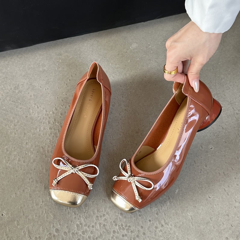 Fashion Heels, French Bow, Color Matching, Low Heel, Rubber Band, Lacquered Leather Shoes, One-Step, Huidong Color Matching Low Heels - Image 3