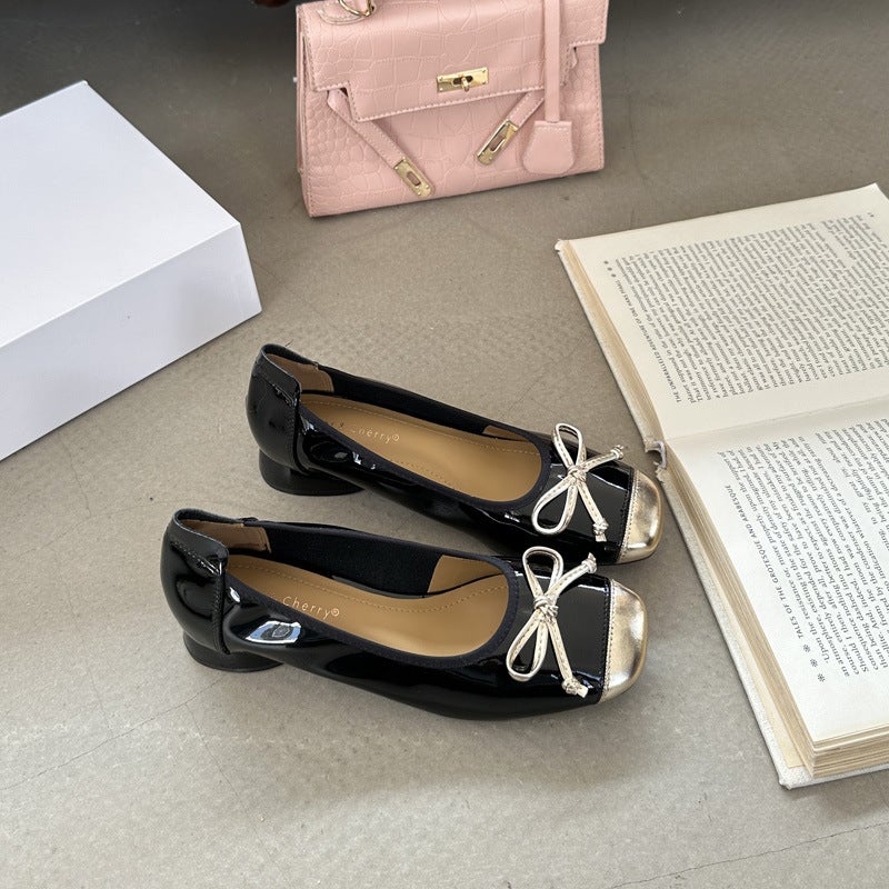 Fashion Heels, French Bow, Color Matching, Low Heel, Rubber Band, Lacquered Leather Shoes, One-Step, Huidong Color Matching Low Heels - Image 1