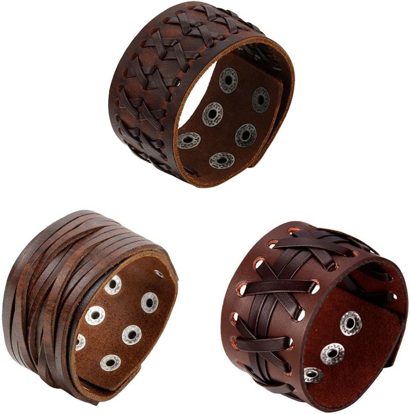 Oidea Assorted 3pcs Mens Punk Multistrand Leather Braided Bangle Cuff Bracelet for Biker Dad Father Size Adjustable - Image 1