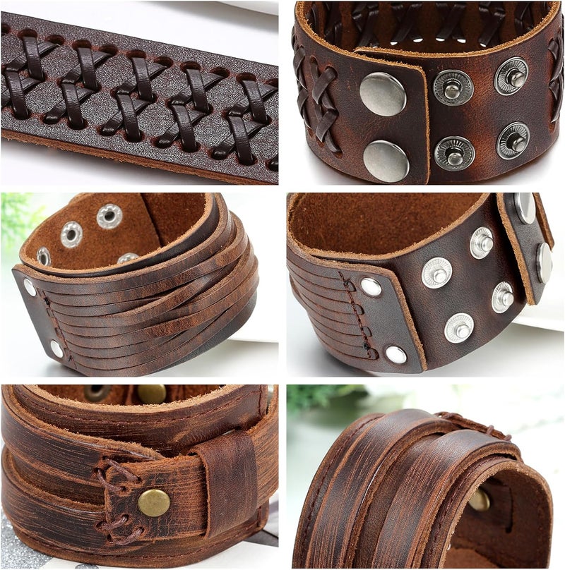 Oidea Assorted 3pcs Mens Punk Multistrand Leather Braided Bangle Cuff Bracelet for Biker Dad Father Size Adjustable - Image 5