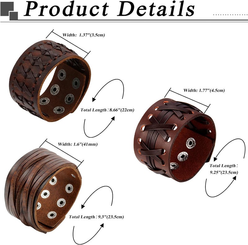 Oidea Assorted 3pcs Mens Punk Multistrand Leather Braided Bangle Cuff Bracelet for Biker Dad Father Size Adjustable - Image 3
