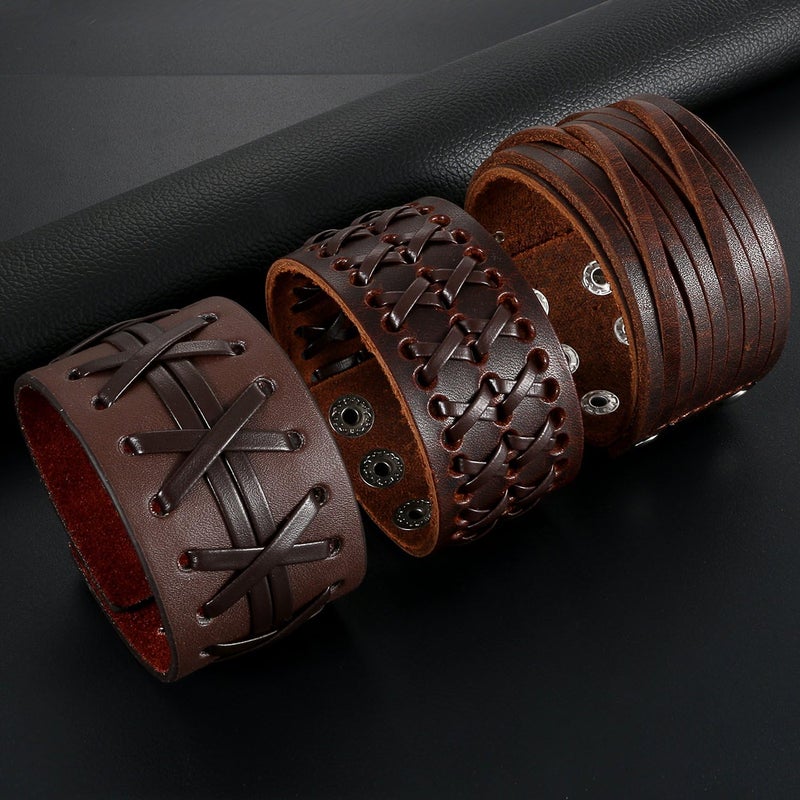 Oidea Assorted 3pcs Mens Punk Multistrand Leather Braided Bangle Cuff Bracelet for Biker Dad Father Size Adjustable - Image 2