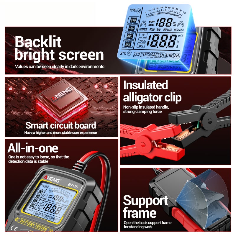 BT175 12V/24V Car Battery Tester, Digital Automotive Battery & Alternator Analyzer, Lead-Acid Battery Load Tester with Backlit Screen & Insulated Alligator Clips - Image 3