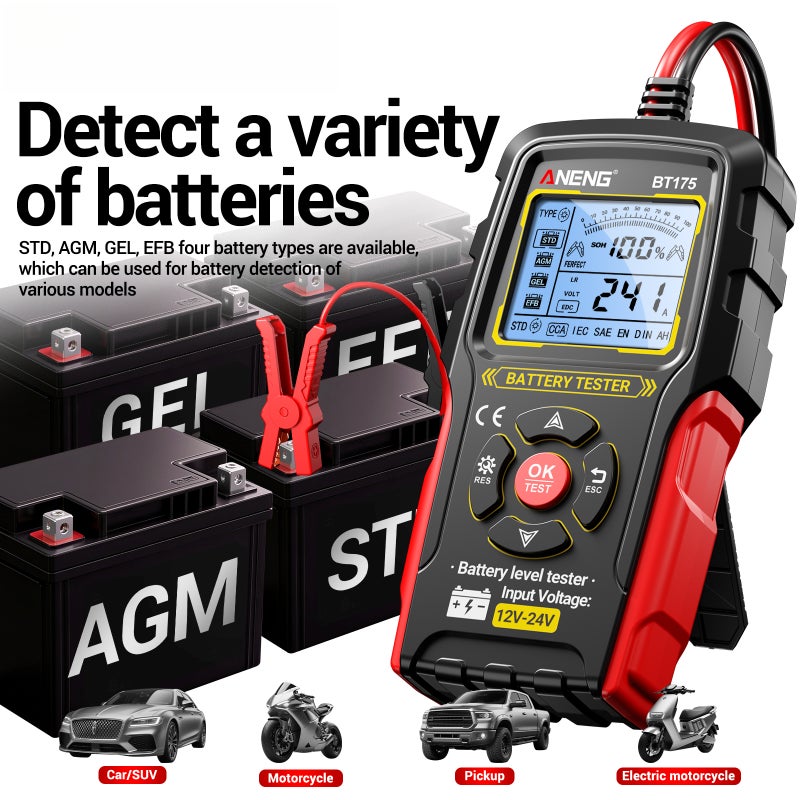 BT175 12V/24V Car Battery Tester, Digital Automotive Battery & Alternator Analyzer, Lead-Acid Battery Load Tester with Backlit Screen & Insulated Alligator Clips - Image 4