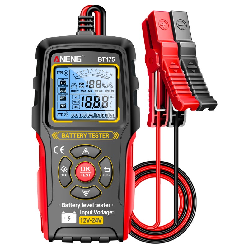 BT175 12V/24V Car Battery Tester, Digital Automotive Battery & Alternator Analyzer, Lead-Acid Battery Load Tester with Backlit Screen & Insulated Alligator Clips - Image 1