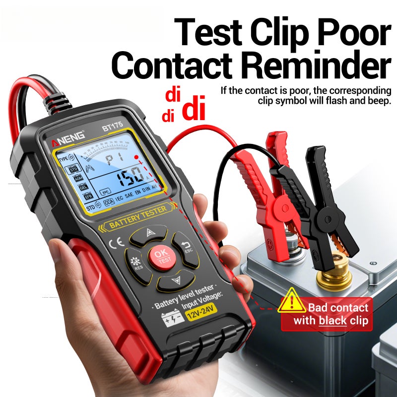 BT175 12V/24V Car Battery Tester, Digital Automotive Battery & Alternator Analyzer, Lead-Acid Battery Load Tester with Backlit Screen & Insulated Alligator Clips - Image 5