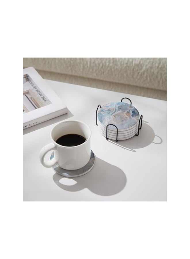 The Bros Set of 6 Abstract Blue Marble Coasters with Holder, Absorbent Ceramic Coasters for Drinks, Cork Backing Table Protection, Housewarming Gifts, Coffee Table & Dining Decor - Image 2