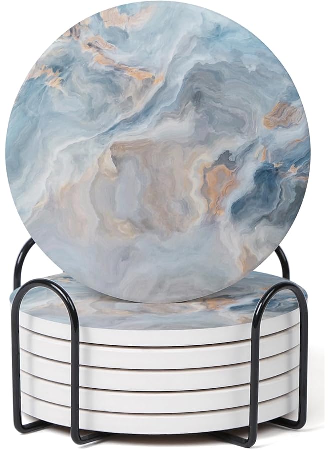 The Bros Set of 6 Abstract Blue Marble Coasters with Holder, Absorbent Ceramic Coasters for Drinks, Cork Backing Table Protection, Housewarming Gifts, Coffee Table & Dining Decor - Image 1